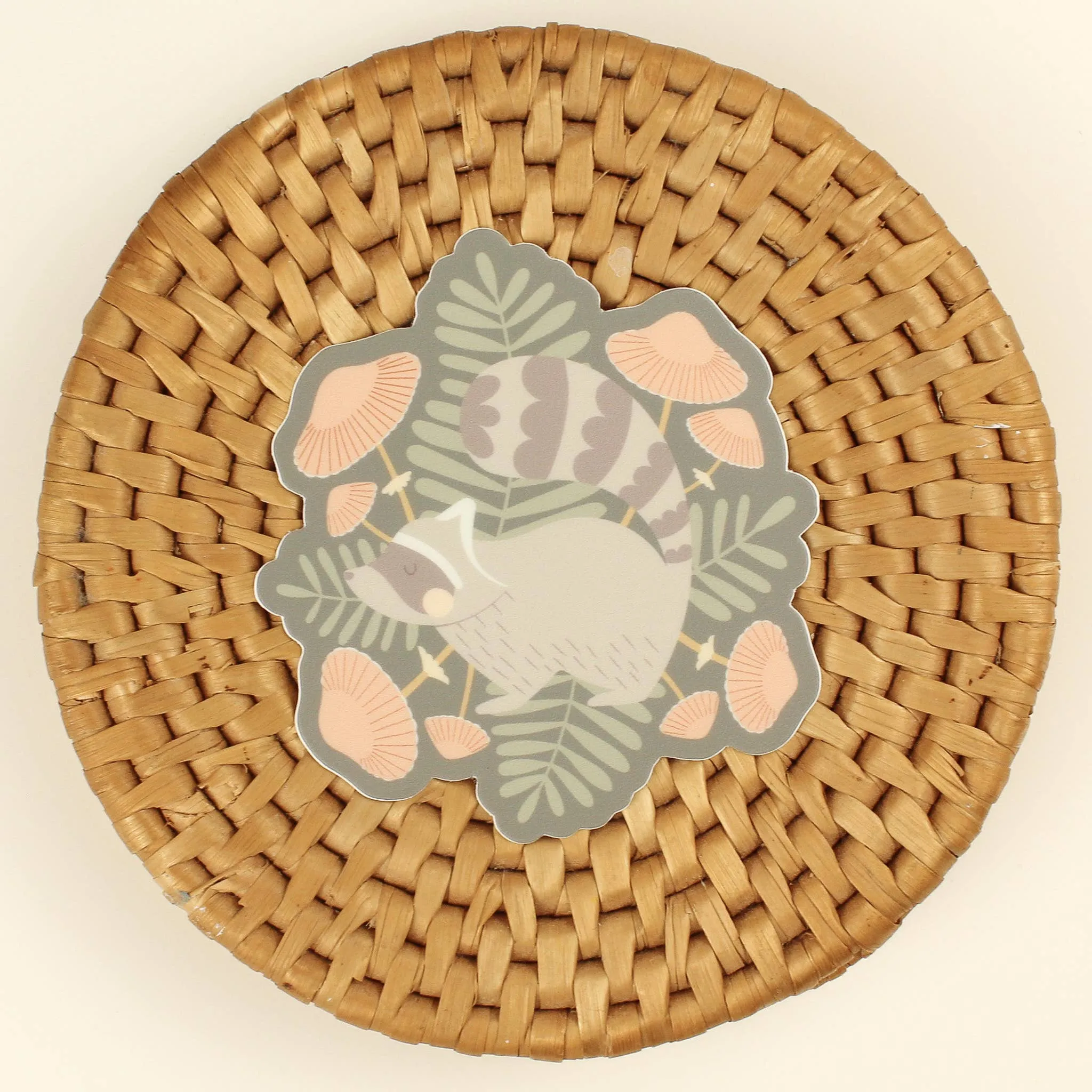 Raccoon and Mushrooms, Nature Lover Sticker