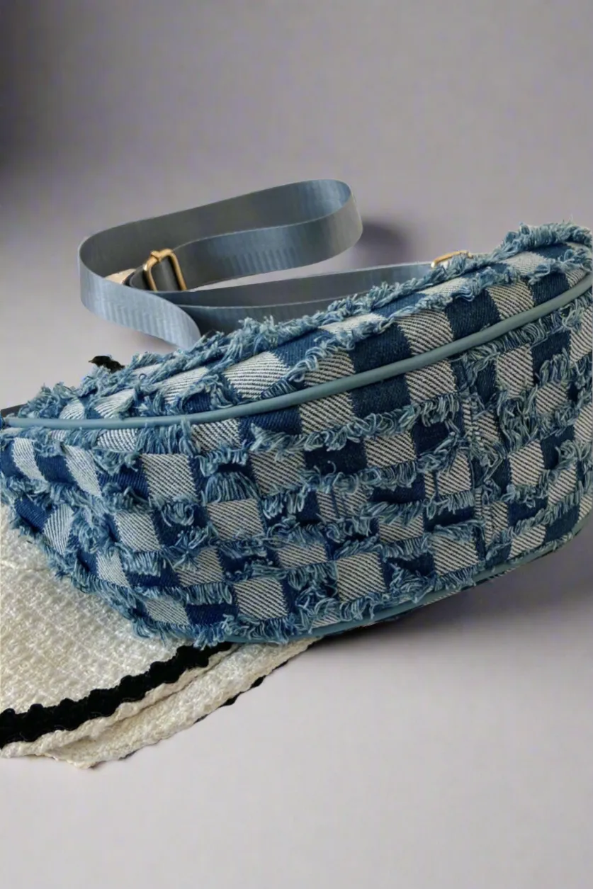 Raw Hem Checkered Denim Crossbody Bag