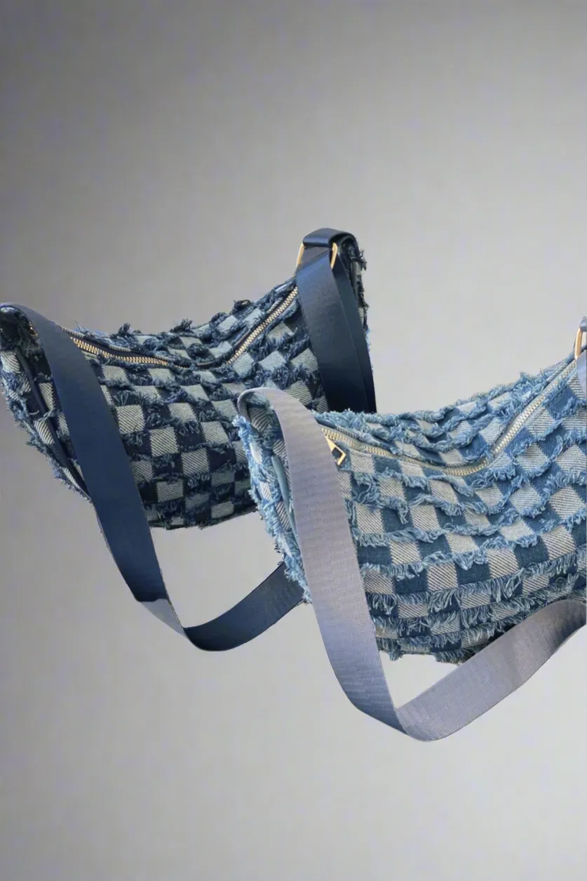 Raw Hem Checkered Denim Crossbody Bag