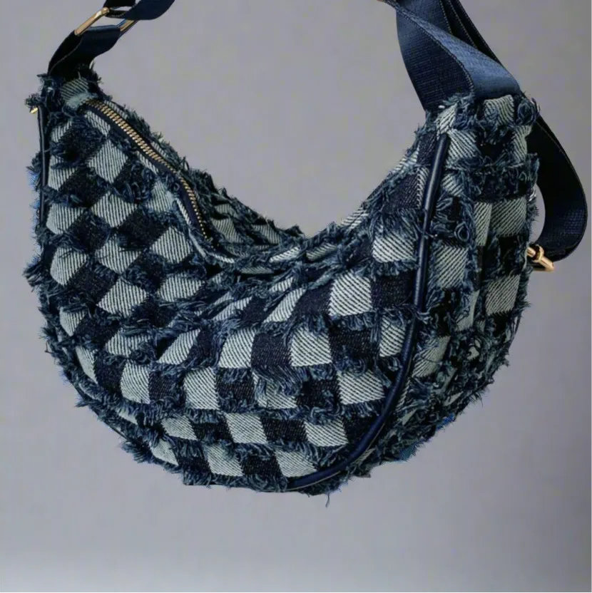 Raw Hem Checkered Denim Crossbody Bag