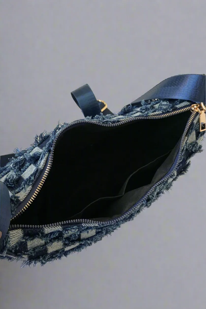 Raw Hem Checkered Denim Crossbody Bag