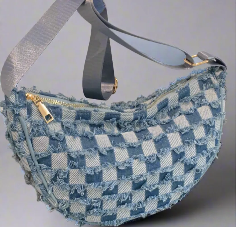 Raw Hem Checkered Denim Crossbody Bag