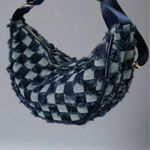 Raw Hem Checkered Denim Crossbody Bag