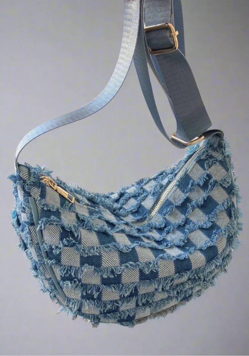 Raw Hem Checkered Denim Crossbody Bag