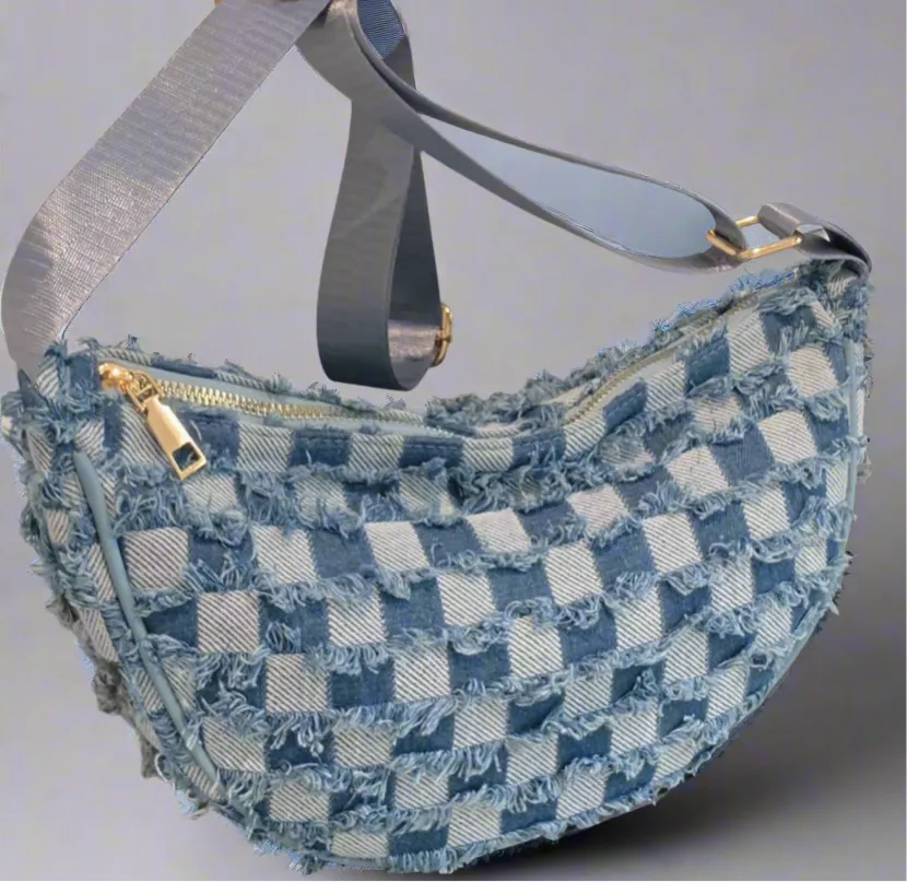 Raw Hem Checkered Denim Crossbody Bag