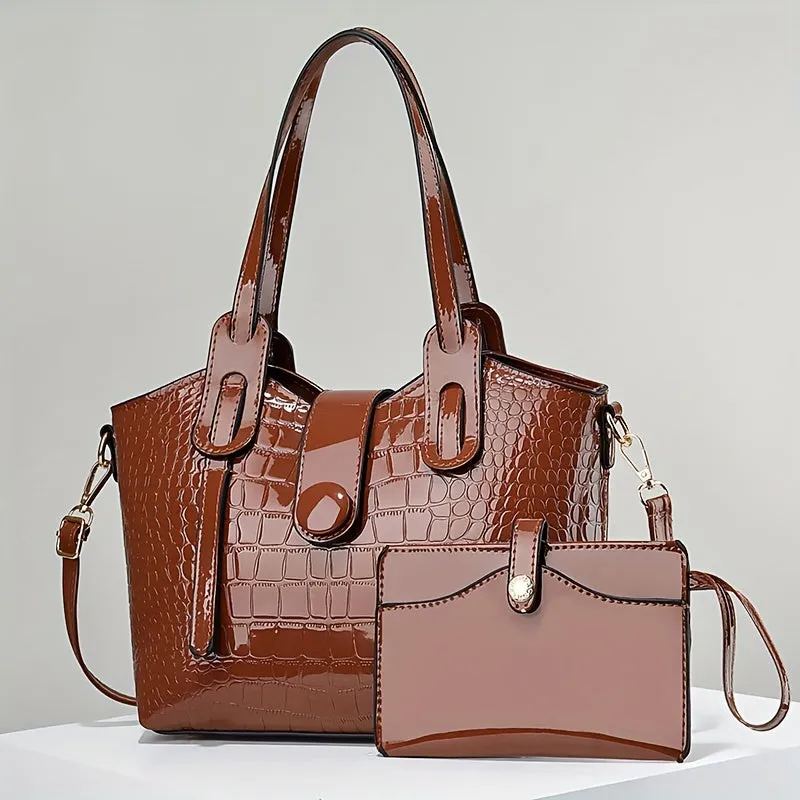 realaiot  2pcs Patent PU Leather Bag Set, Stone Pattern Tote Bag, Women's Glossy Handbag With Clutch Wallet
