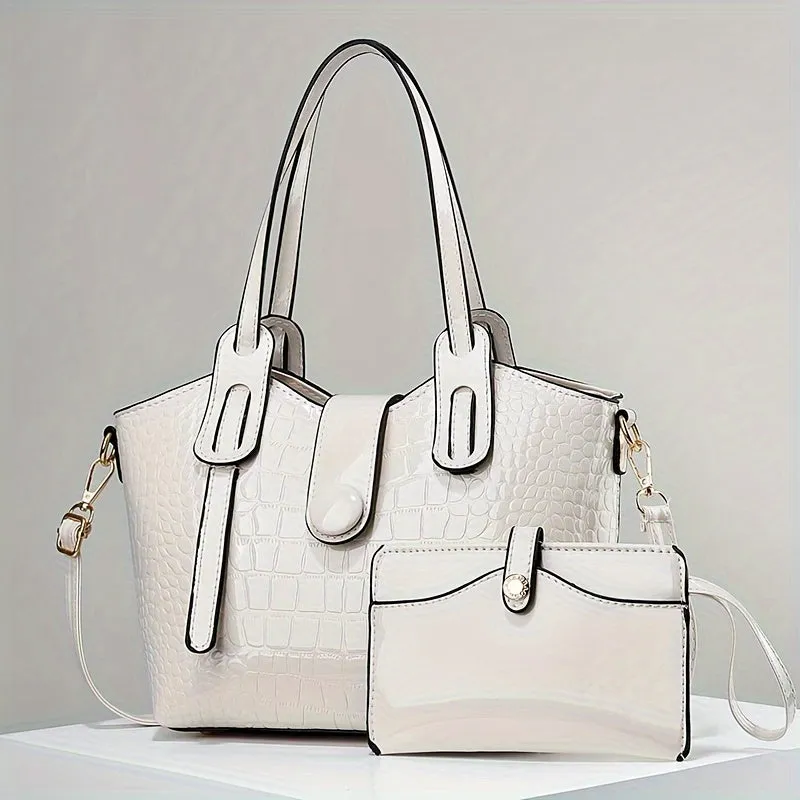 realaiot  2pcs Patent PU Leather Bag Set, Stone Pattern Tote Bag, Women's Glossy Handbag With Clutch Wallet