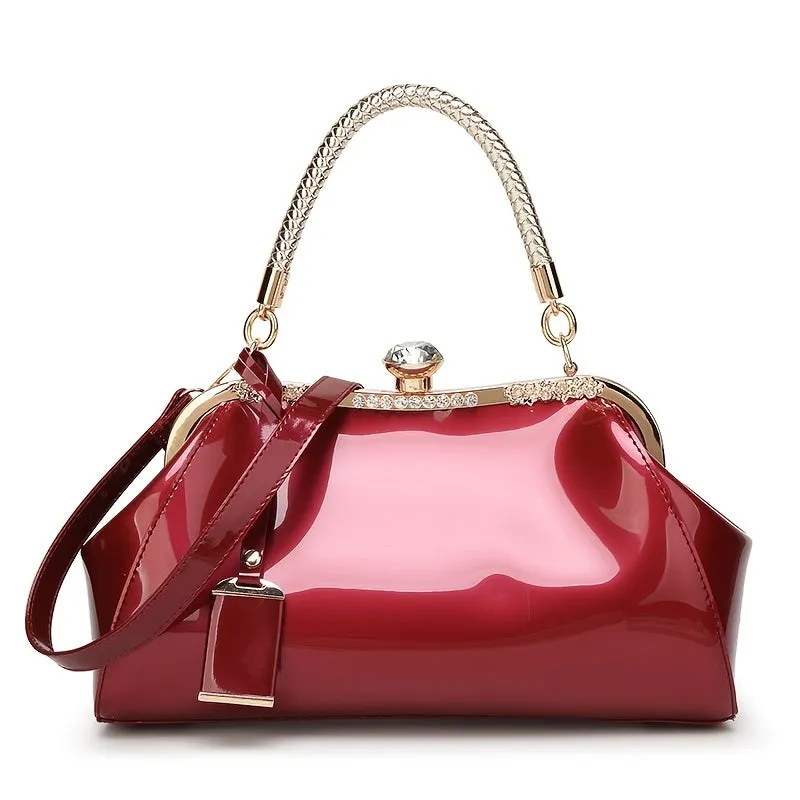 realaiot Glossy Handbag For Women, Fashion Tote Bag With Rhinestone Decor For Wedding