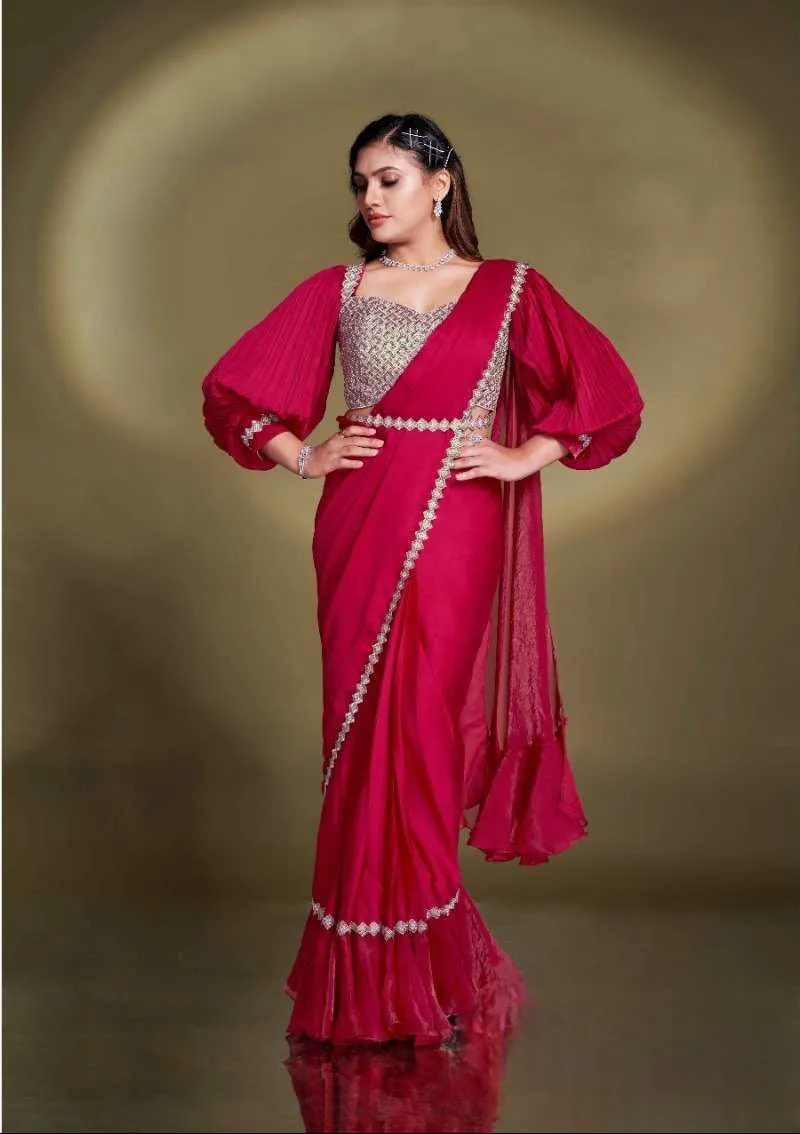 Red Pre-Draped Crepe Satin Silk Saree