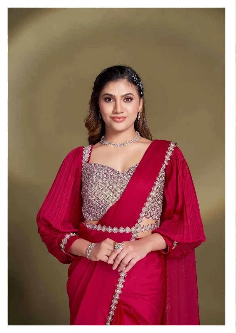 Red Pre-Draped Crepe Satin Silk Saree