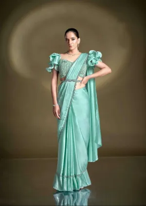 Sea Green Pre-Draped Crepe Satin Silk Saree