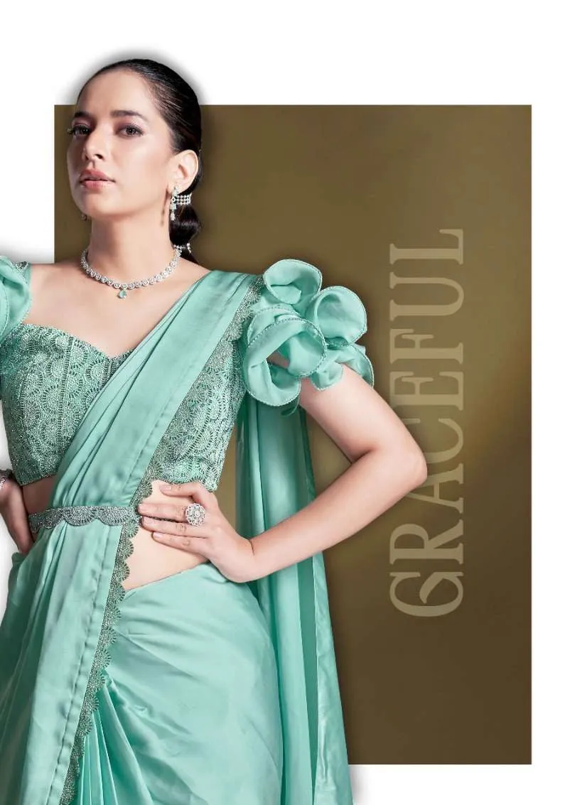 Sea Green Pre-Draped Crepe Satin Silk Saree