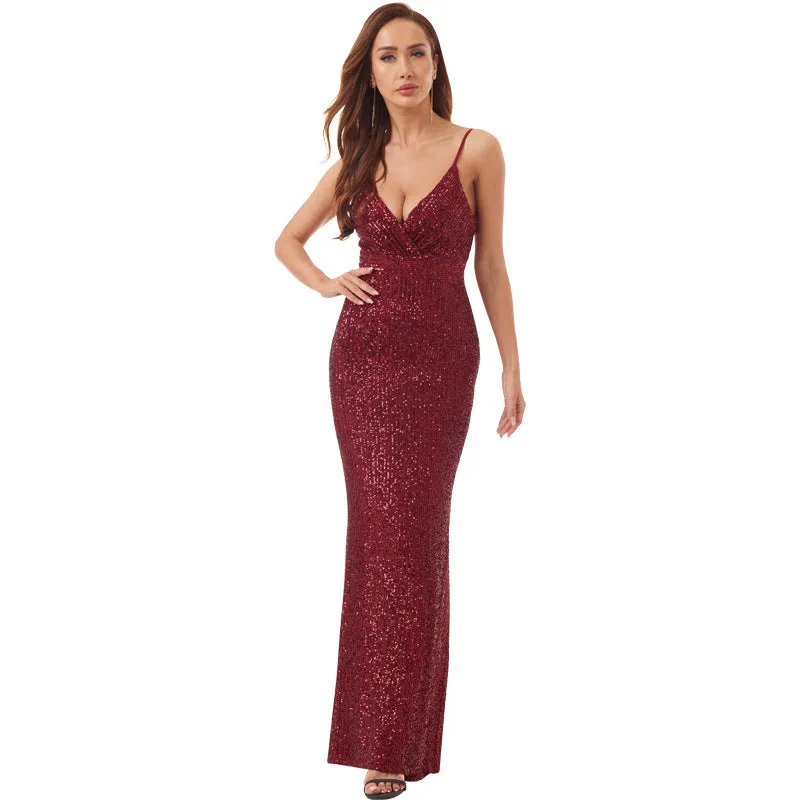 Sequined Evening Dress Women Long Slim Sling Fishtail Party Dress