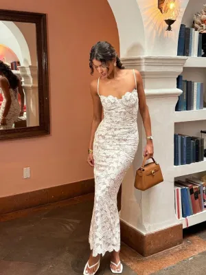 Sexy Hollow Out White Lace Sling Dress