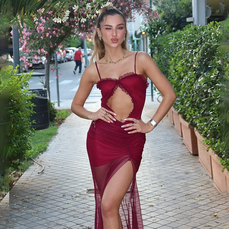 Sexy Mesh Stitching Lace Cutout Sling Dress