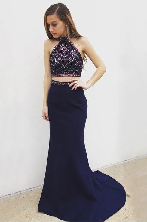 Sexy Two Piece Mermaid Halter Backless Navy Blue Long Prom Dresses with Beading Embroidery OK501
