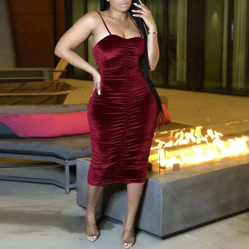 Sexy Velvet Pleated Bandage Slim Sling Dress