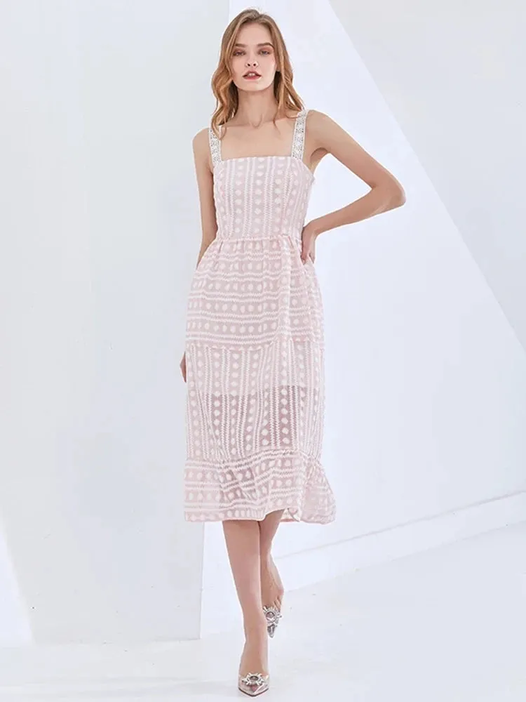 Square Collar Sleeveless High Waist Embroidery Print Sling Dress