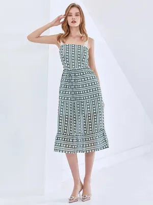 Square Collar Sleeveless High Waist Embroidery Print Sling Dress