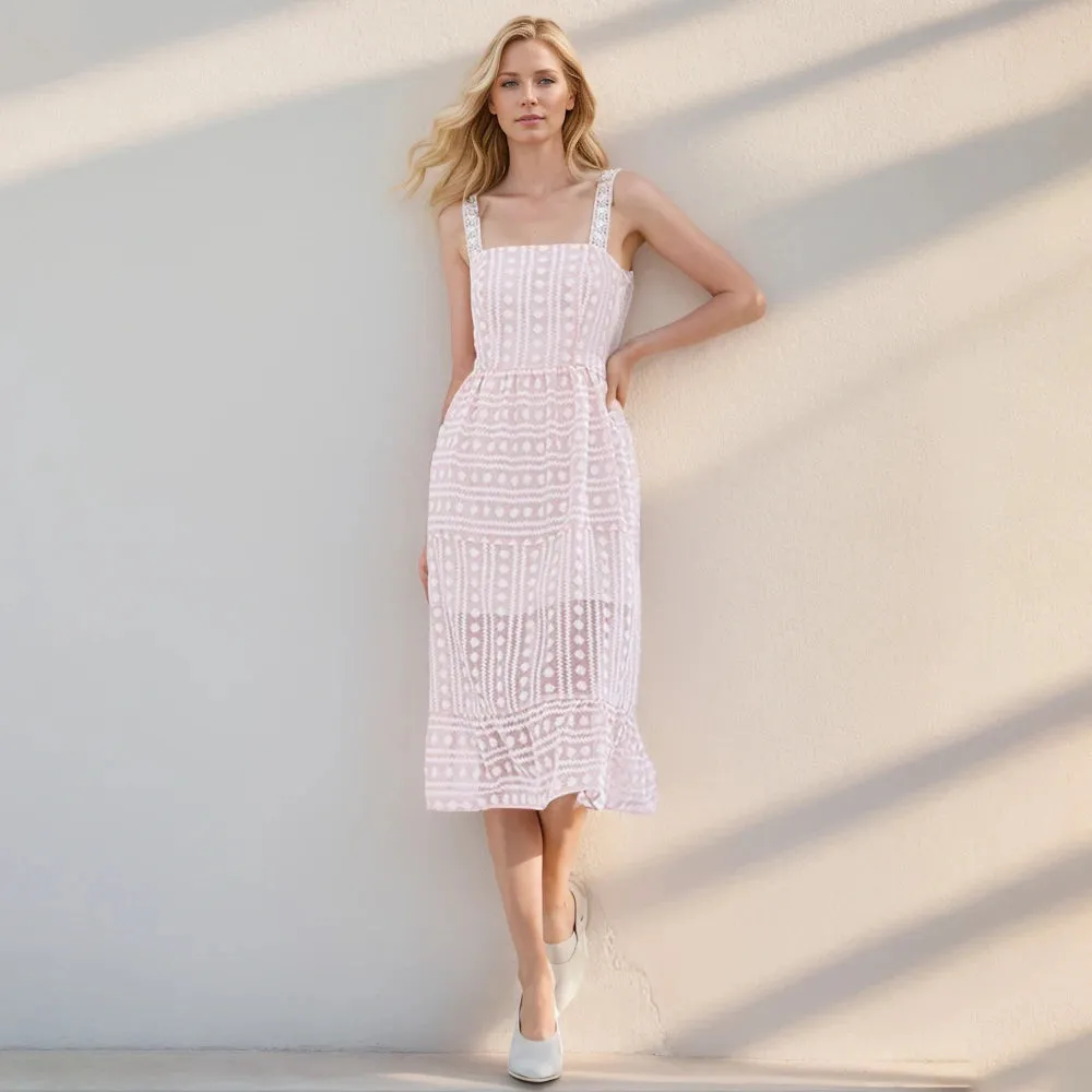 Square Collar Sleeveless High Waist Embroidery Print Sling Dress