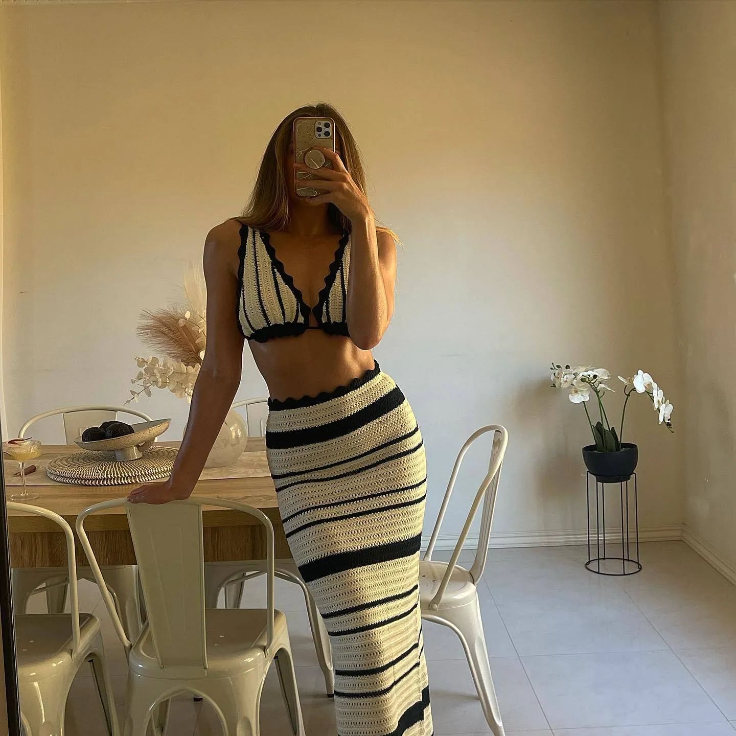 Striped Bikini Casual Vest Sling Top Suit Beach Bohemian Contrast Color Long Half
