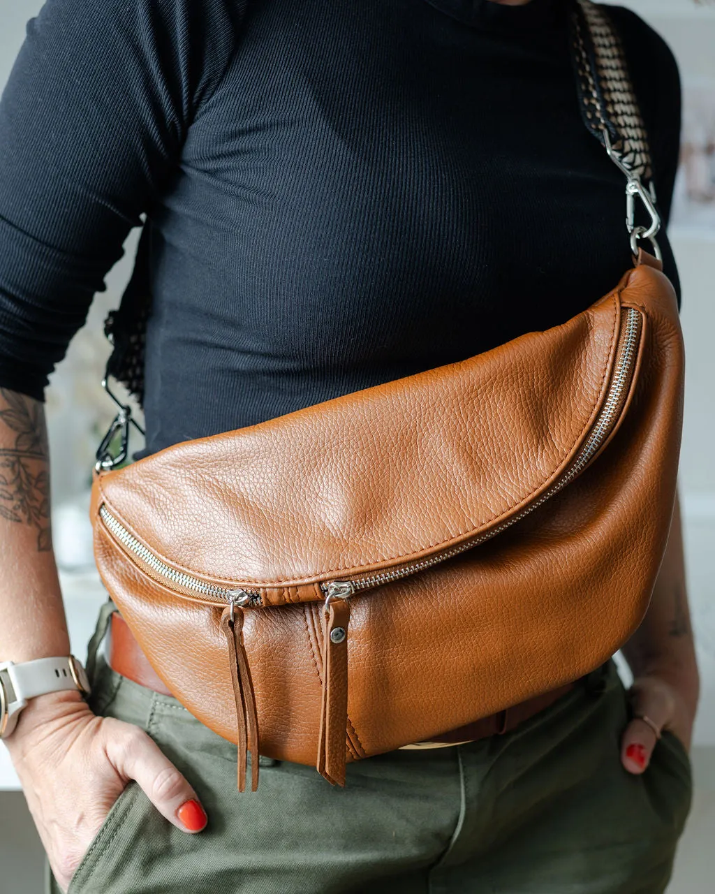 Tan Leather Large Waist Bag (silver hardware)