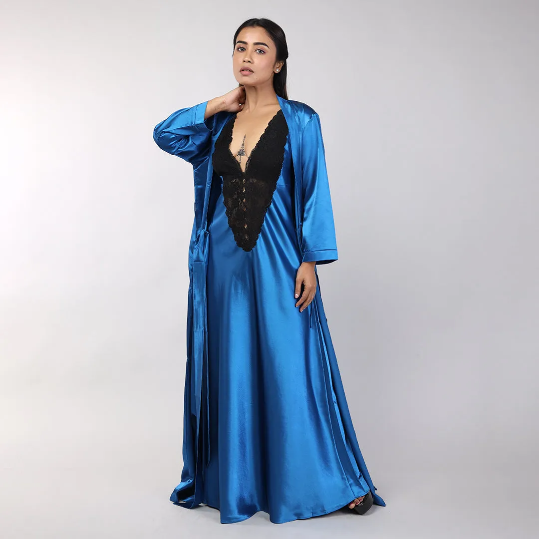 Teal Blue Satin Bridal Nightgown Set