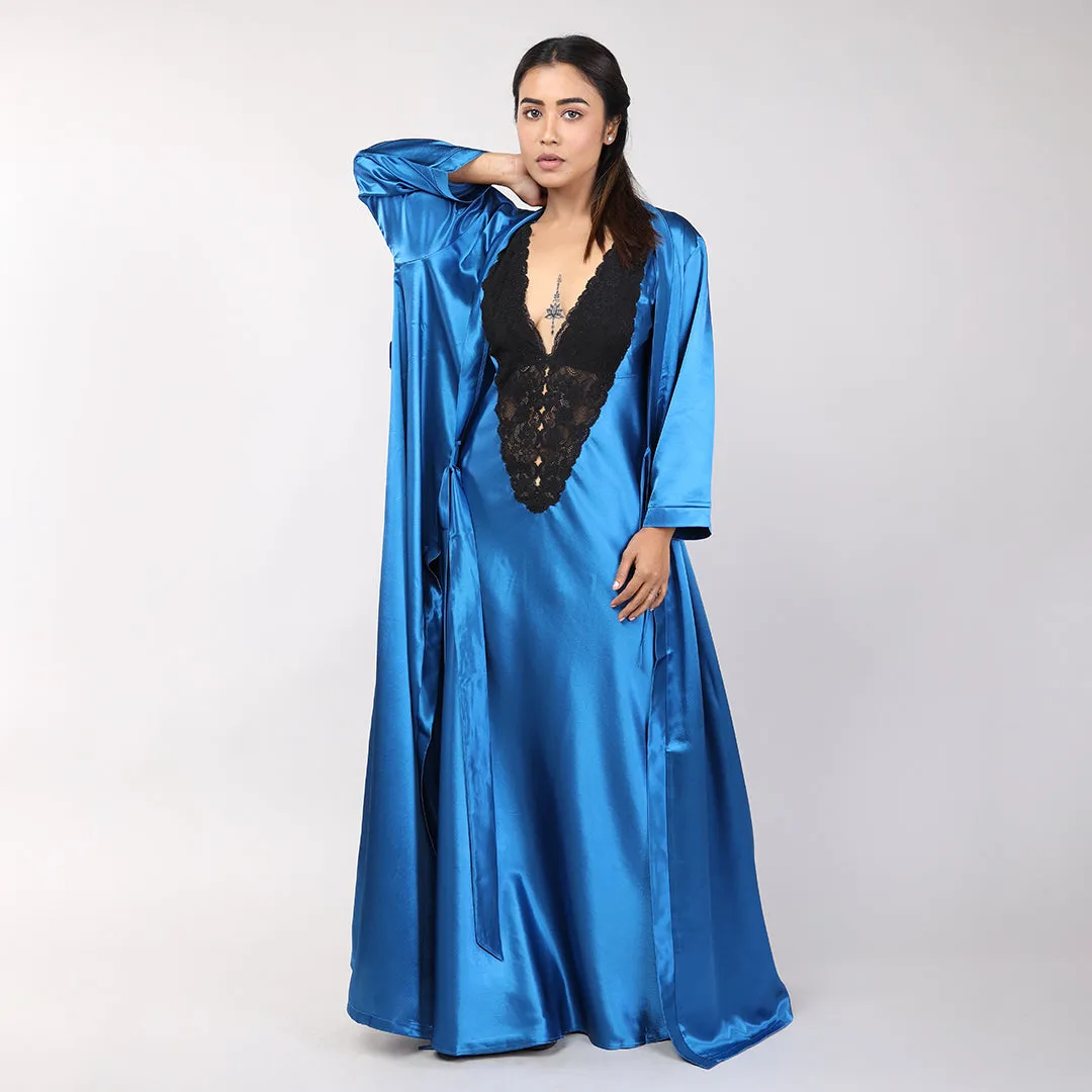 Teal Blue Satin Bridal Nightgown Set