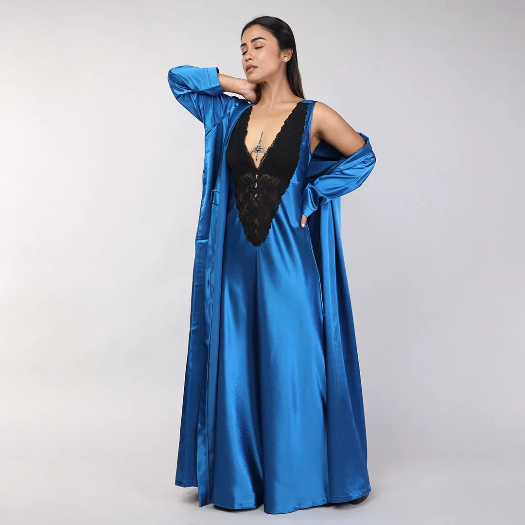 Teal Blue Satin Bridal Nightgown Set