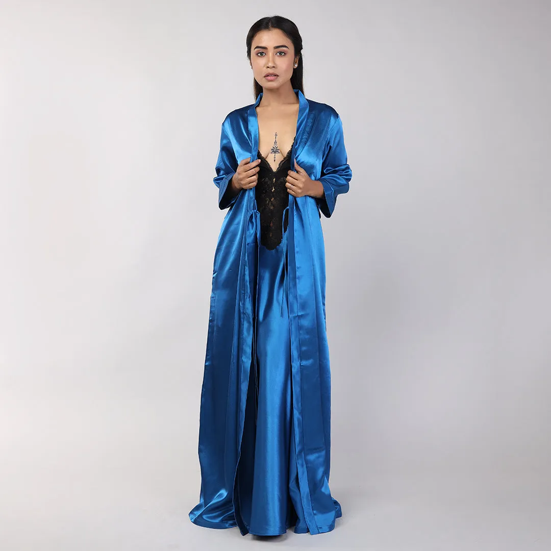 Teal Blue Satin Bridal Nightgown Set