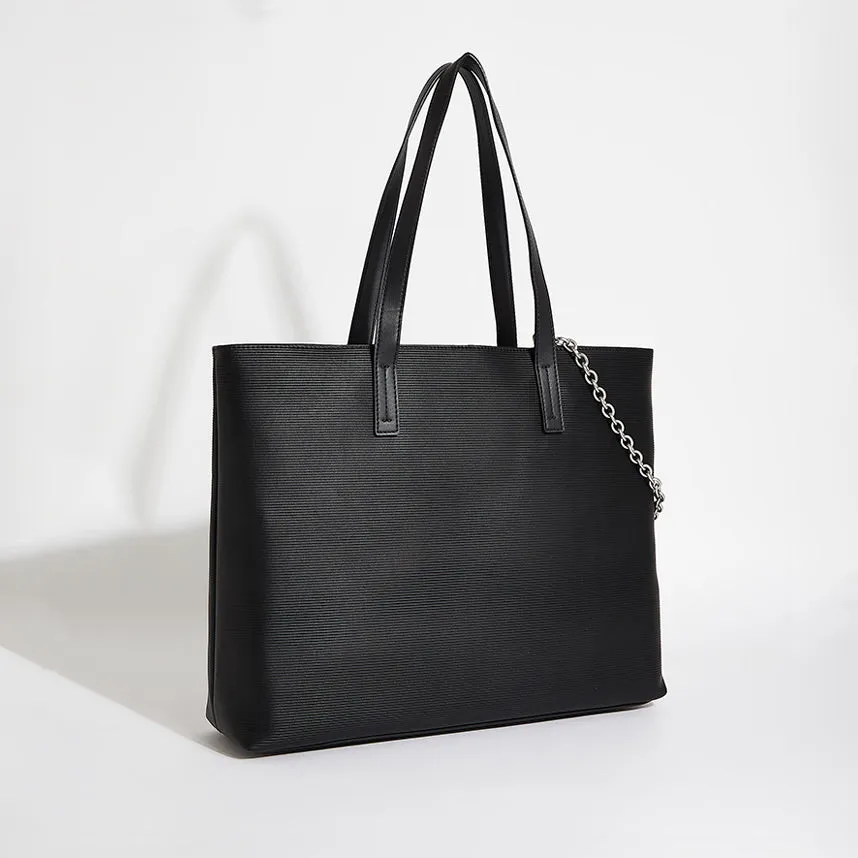 Textured Logo Badge Tote Bag - Black