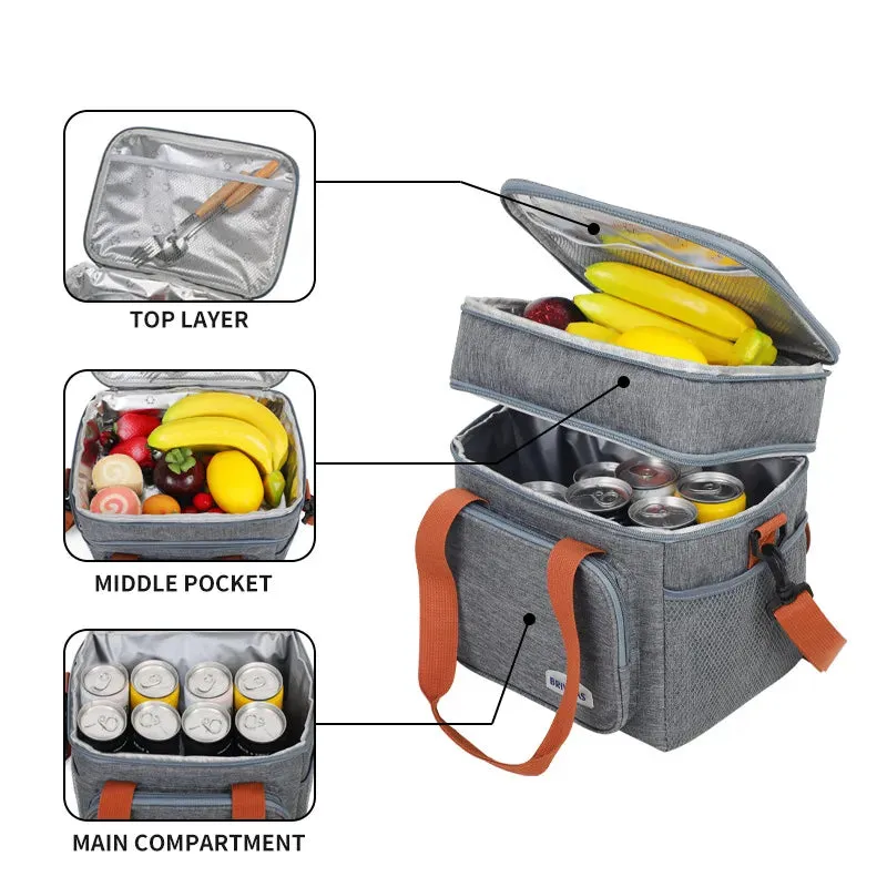 Thermal Insulation Lunch Bag Double Deck Large 14L Leakproof Waterproof for Work Office Picnic or Travel