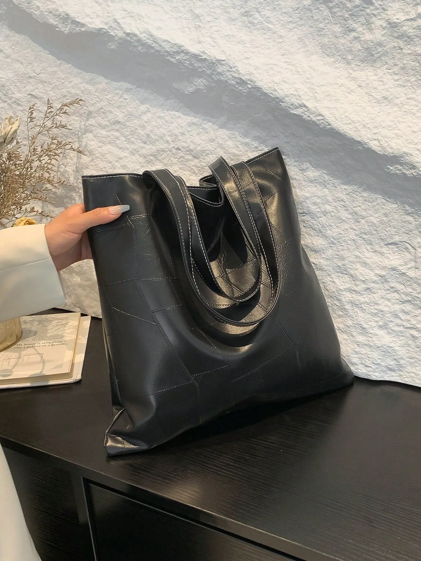Trendy Solid Color Front Strap Tote Bag-FD