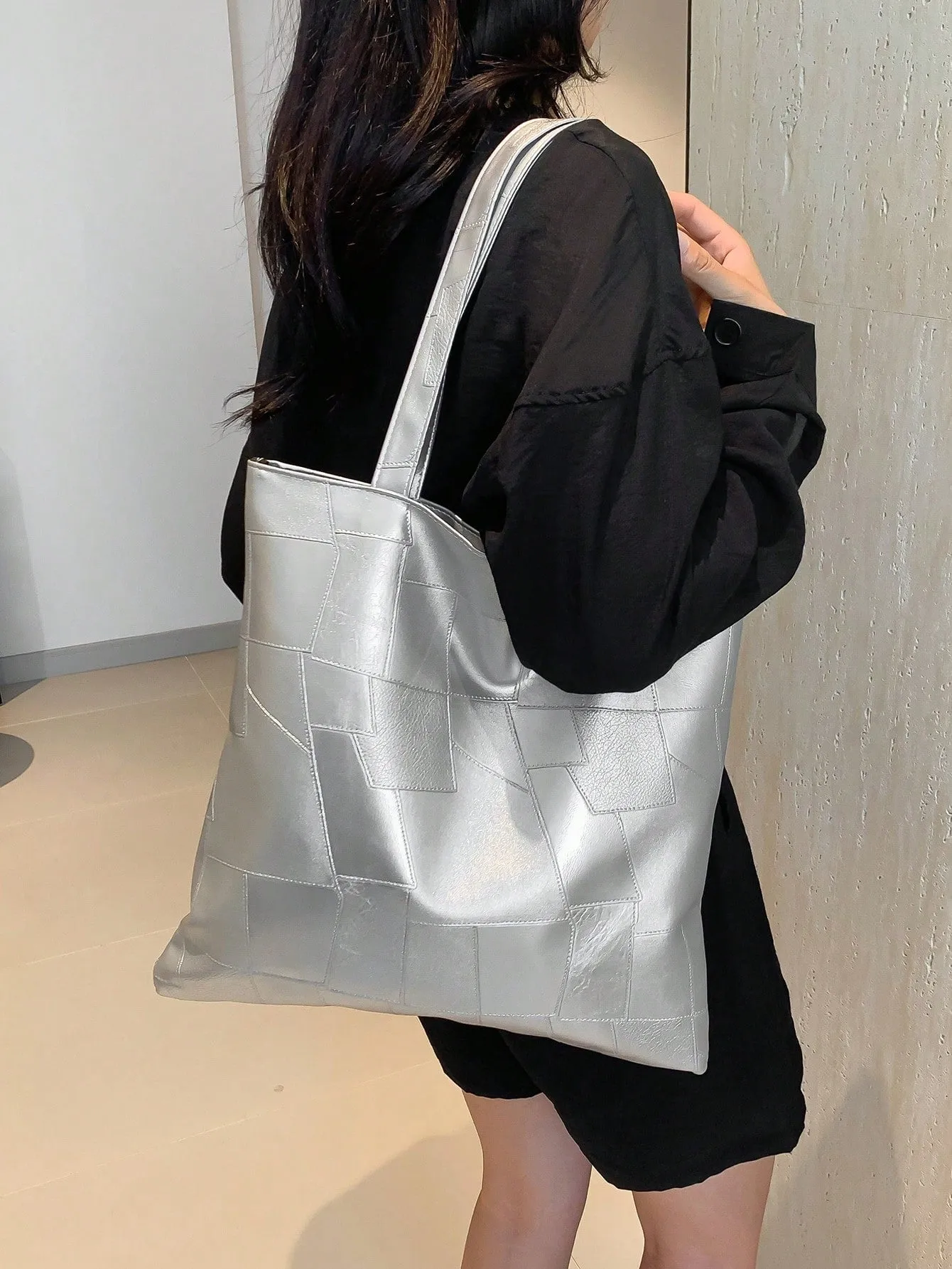 Trendy Solid Color Front Strap Tote Bag-FD