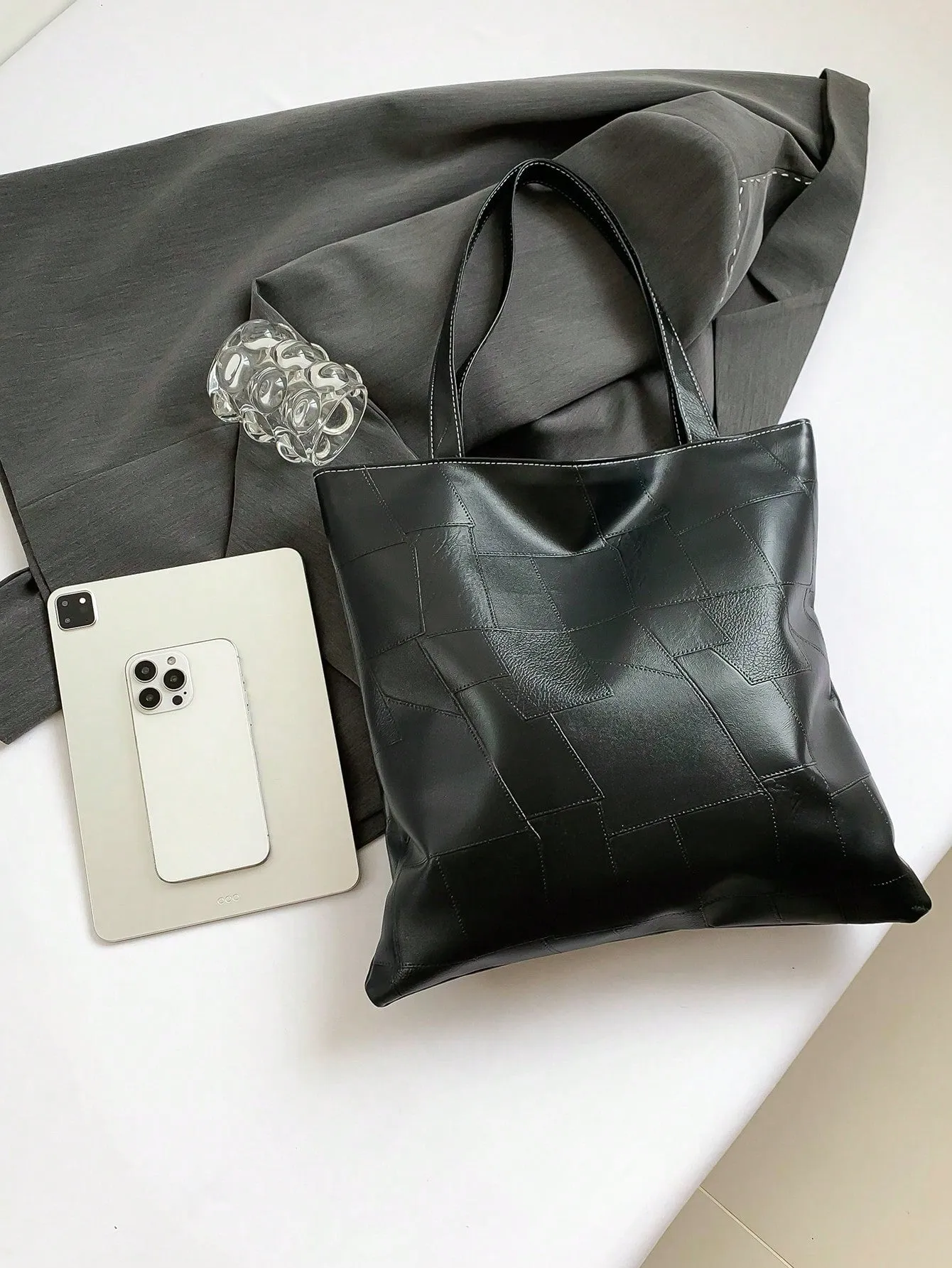 Trendy Solid Color Front Strap Tote Bag-FD