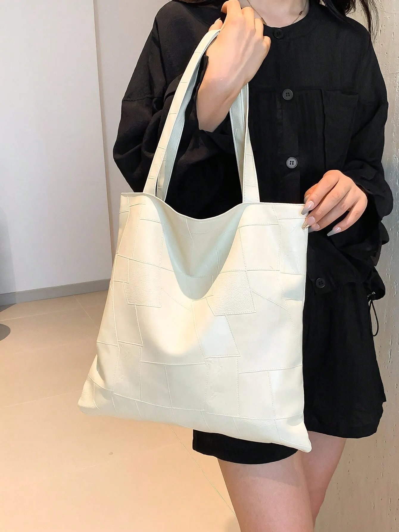 Trendy Solid Color Front Strap Tote Bag-FD