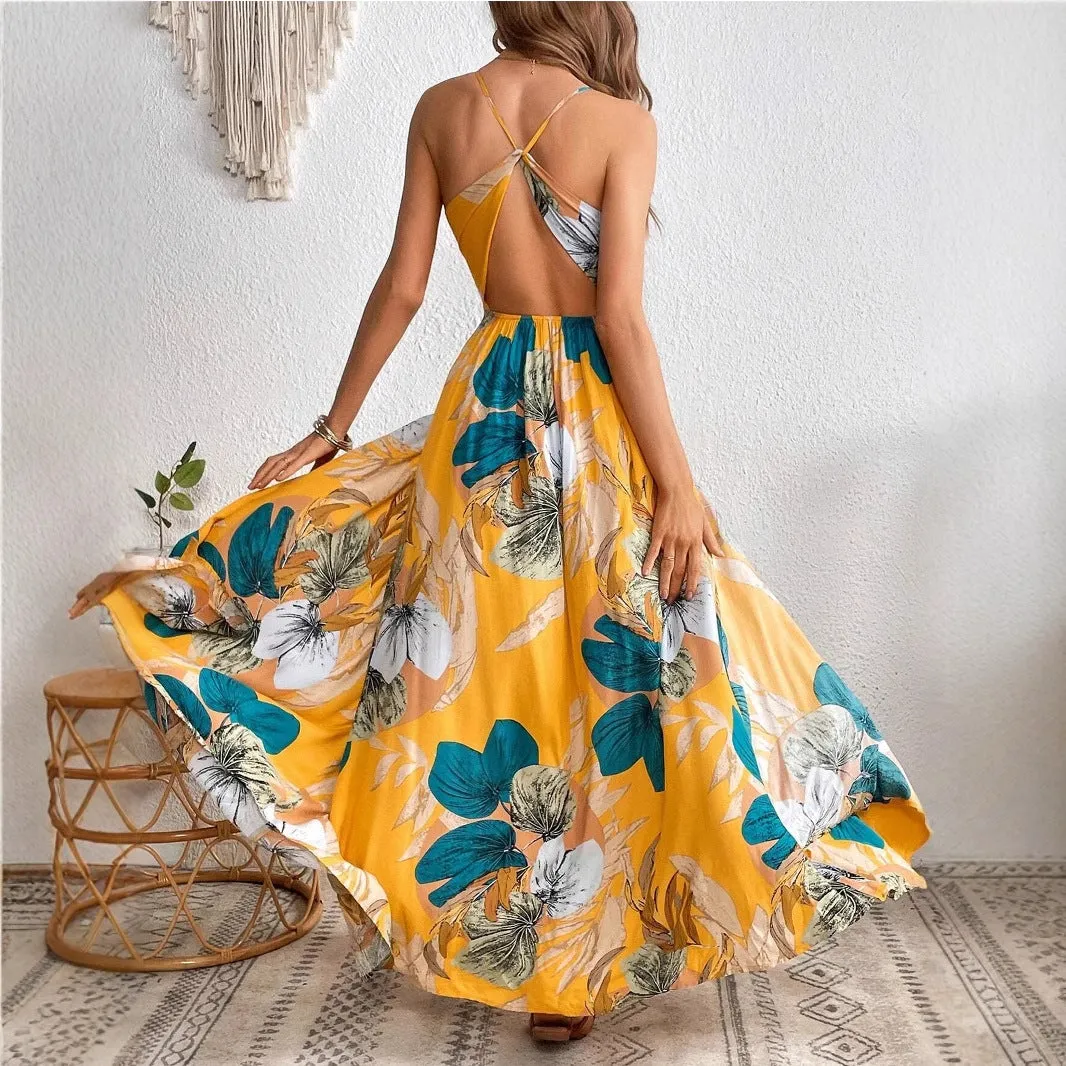 Tropical Printing Thigh Fork Sling Summer Dress