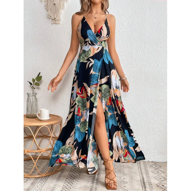 Tropical Printing Thigh Fork Sling Summer Dress