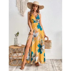 Tropical Printing Thigh Fork Sling Summer Dress
