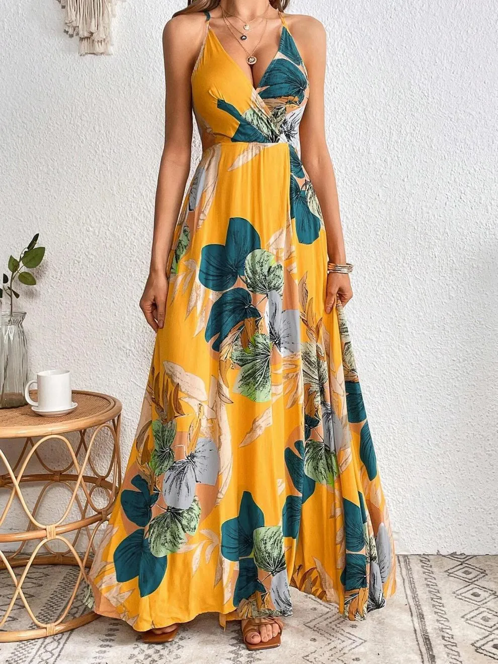 Tropical Printing Thigh Fork Sling Summer Dress
