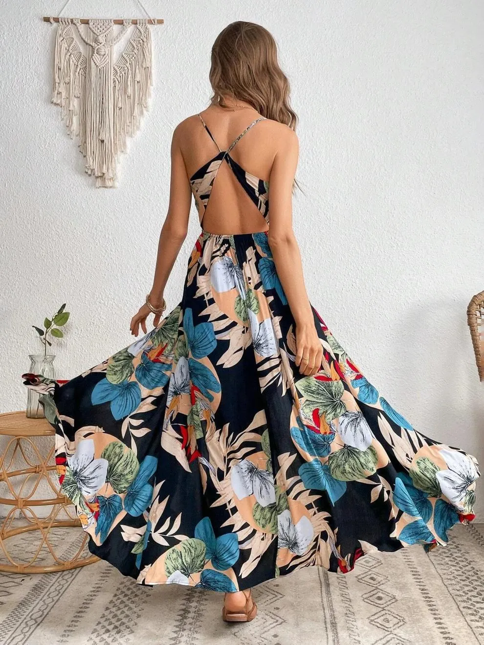 Tropical Printing Thigh Fork Sling Summer Dress
