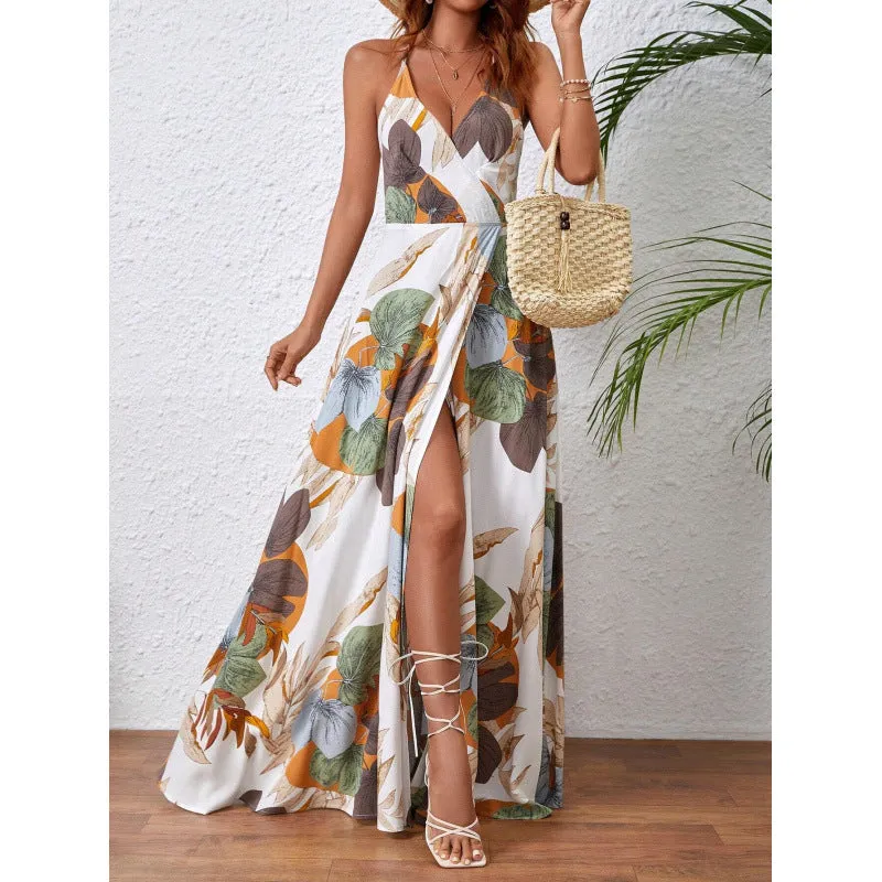 Tropical Printing Thigh Fork Sling Summer Dress
