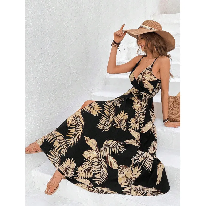 Tropical Printing Thigh Fork Sling Summer Dress