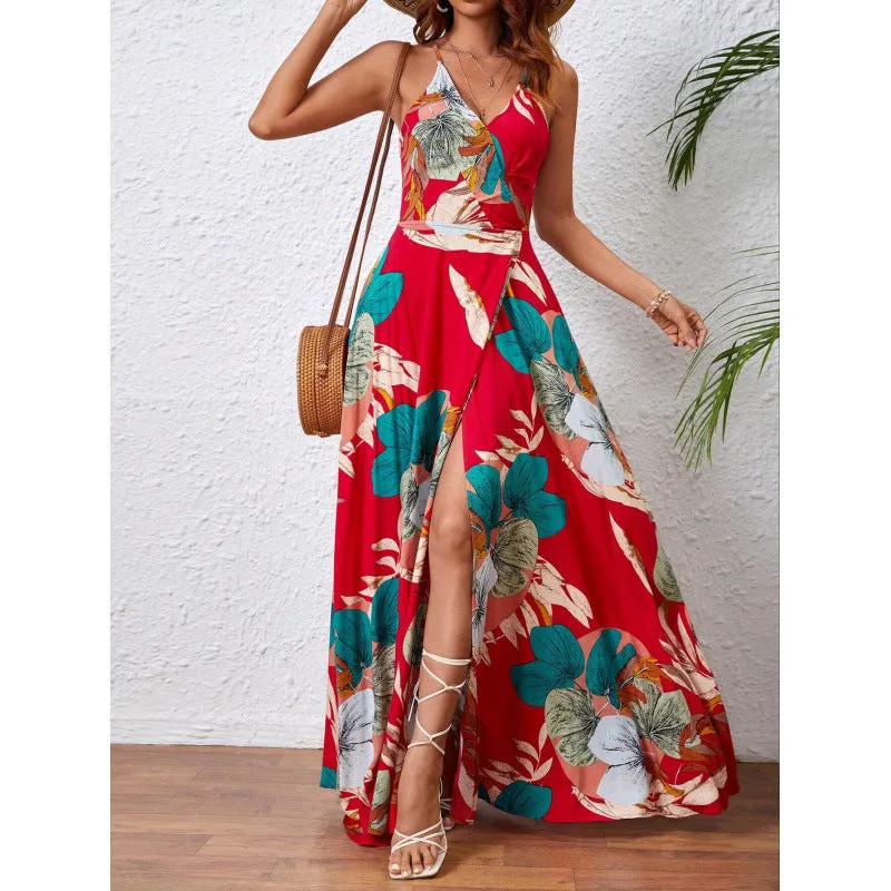 Tropical Printing Thigh Fork Sling Summer Dress