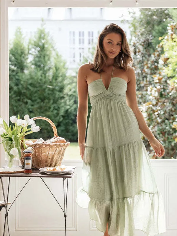 V-Neck Long Style With Off-The-Shoulder Stitching Maxi Dress