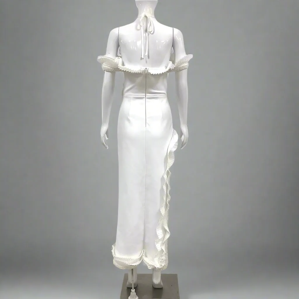 V neck Sling Backless Bandage Lotus Leaf Formal Dress
