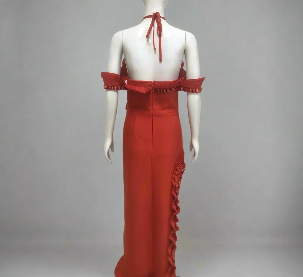 V neck Sling Backless Bandage Lotus Leaf Formal Dress
