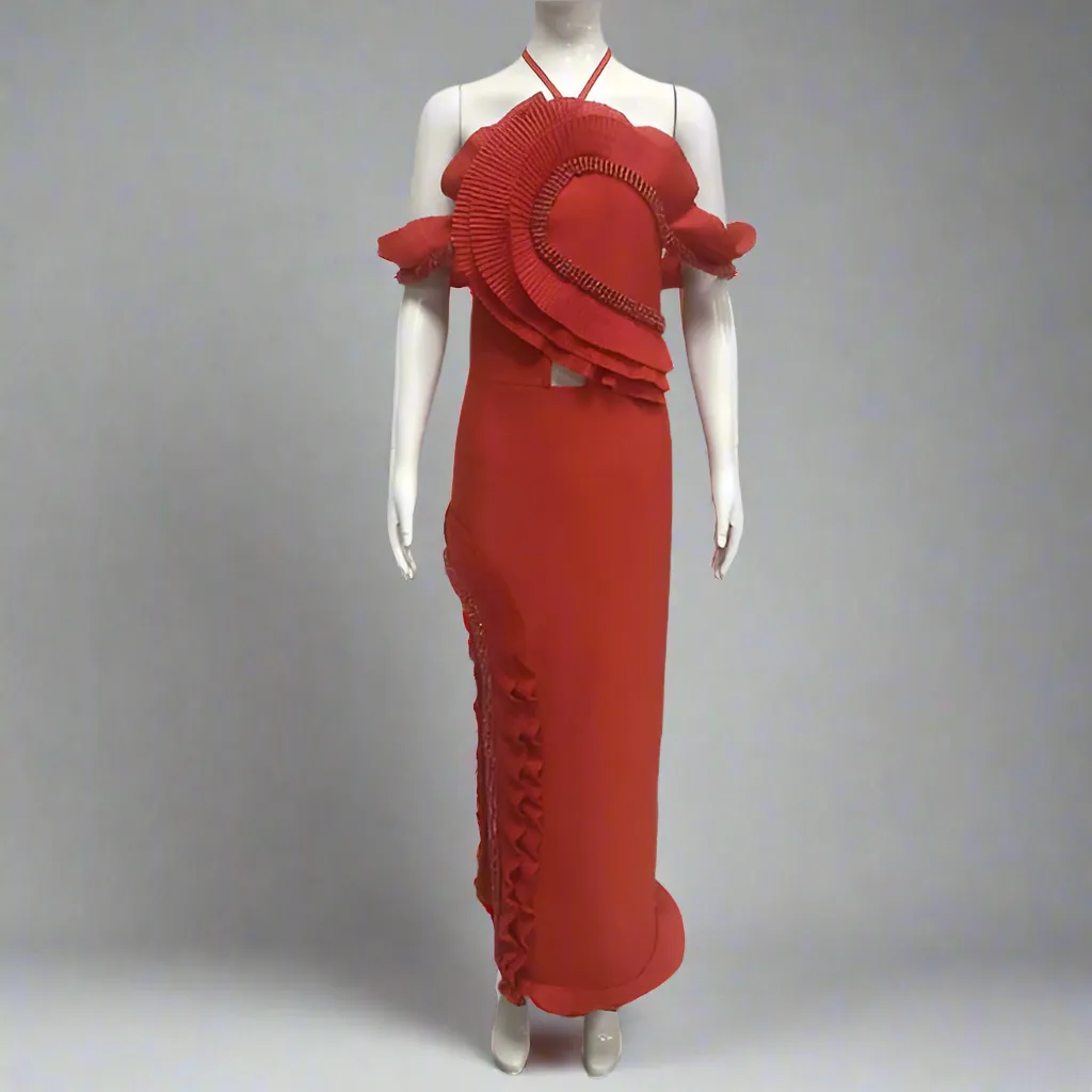 V neck Sling Backless Bandage Lotus Leaf Formal Dress