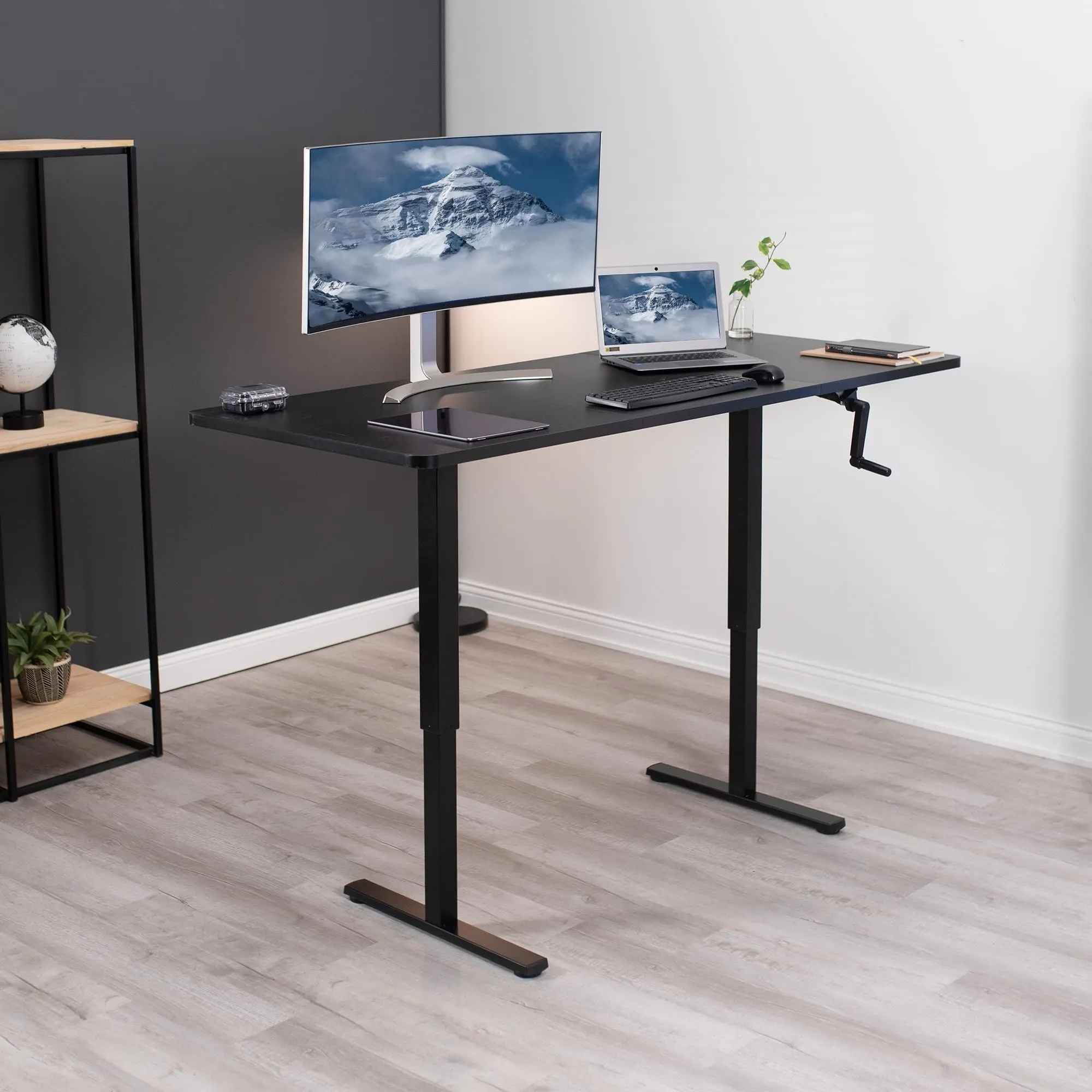 VIVO Manual Height Adjustable 71 x 30 inch Stand Up Desk, Black Table Top, Black Frame, Standing Workstation with Foldable Handle, DESK-KIT-MB7B
