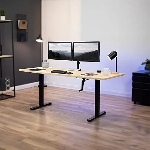 VIVO Manual Height Adjustable 71 x 30 inch Stand Up Desk, Light Wood Table Top, Black Frame, Standing Workstation with Foldable Handle, DESK-KIT-MB7C